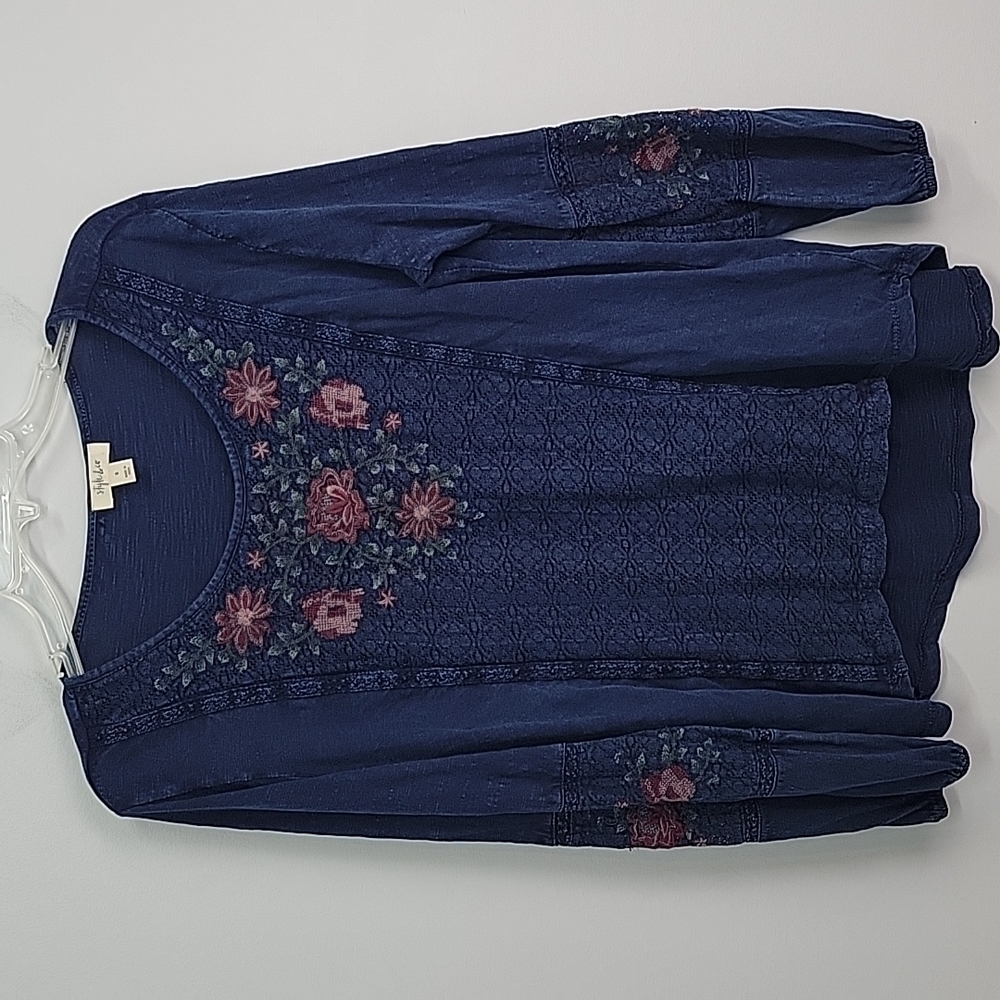 Style & Co blue embroidered floral boho blouse balloon sleeve